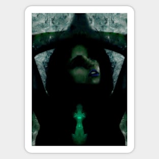 Portrait, digital collage, special processing. Beautiful but dark, like witch, woman. Tale. Green and blue. Sticker